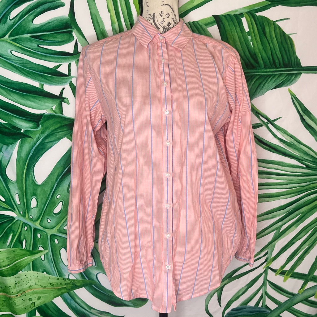 Lilla P Small Red White Blue Preppy Lightweight Striped Button Down Office Shirt